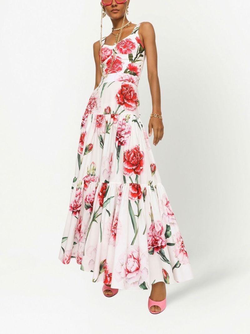 White Floral Print Tiered Maxi Skirt
