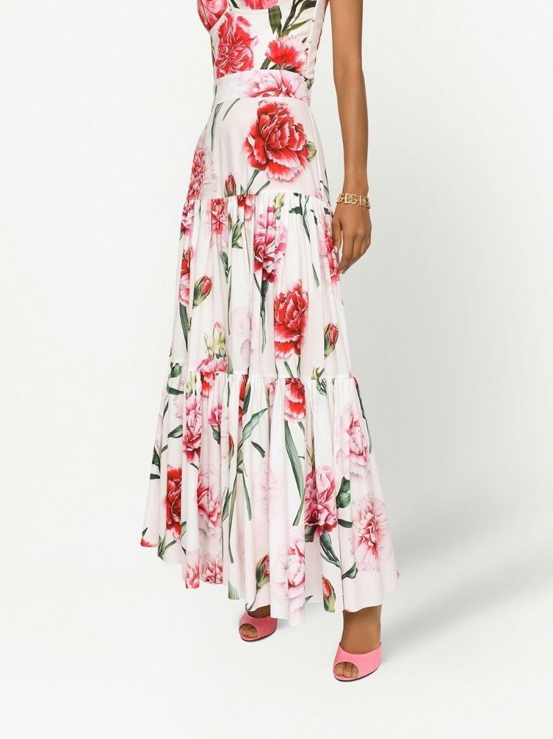 White Floral Print Tiered Maxi Skirt