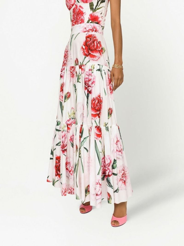 White Floral Print Tiered Maxi Skirt