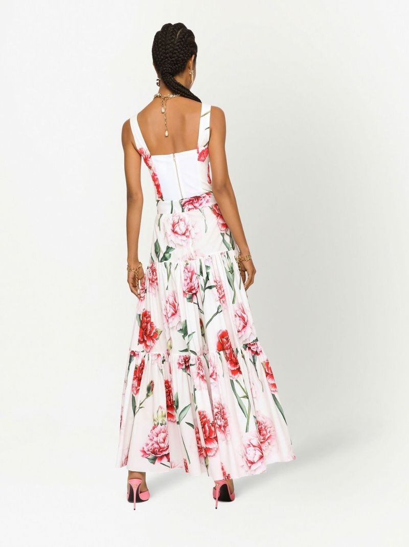 White Floral Print Tiered Maxi Skirt