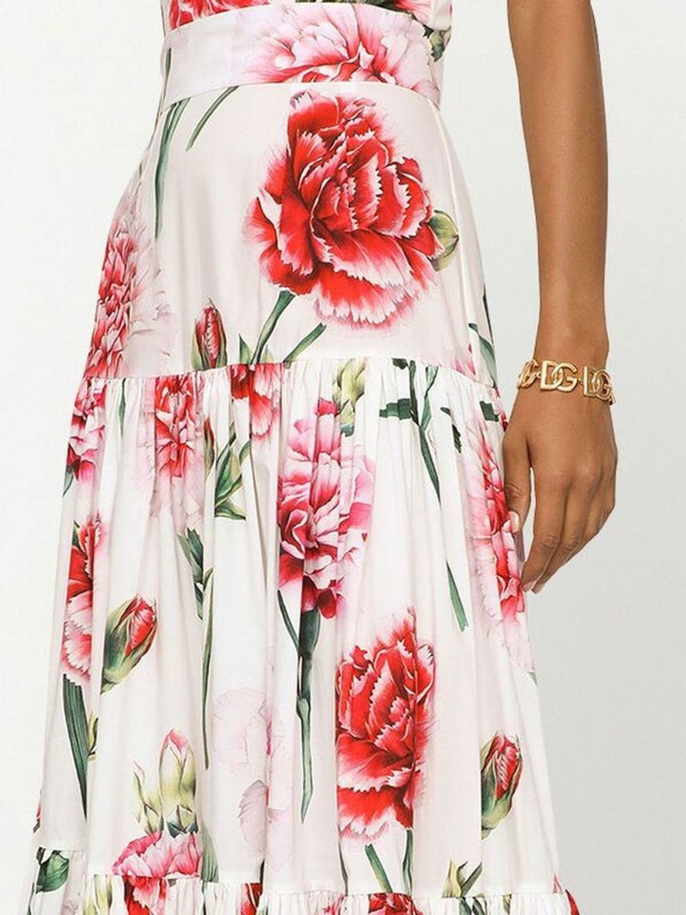 White Floral Print Tiered Maxi Skirt