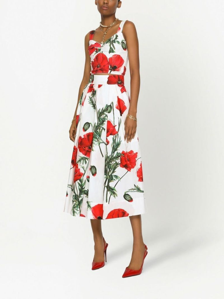 White and Red Poppy Print Corset Top