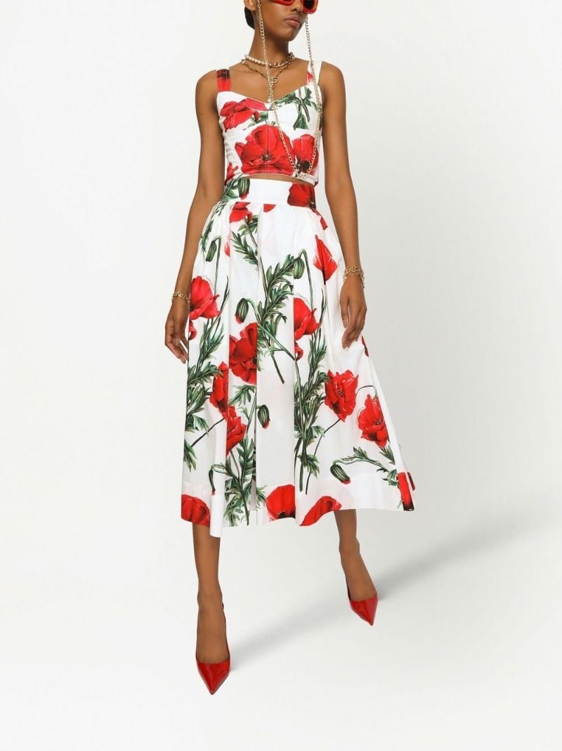 White and Red Poppy Print Corset Top