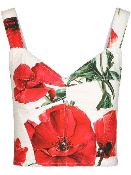 White and Red Poppy Print Corset Top