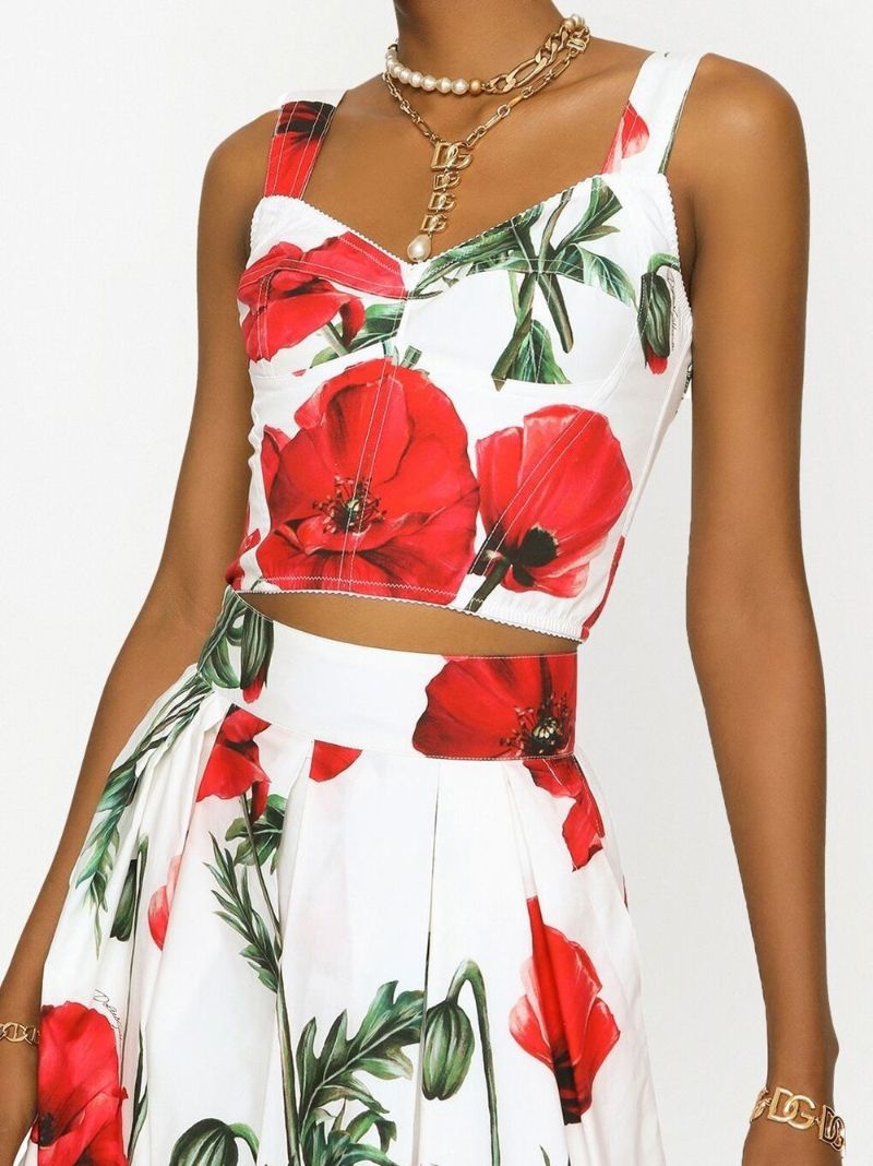 White and Red Poppy Print Corset Top