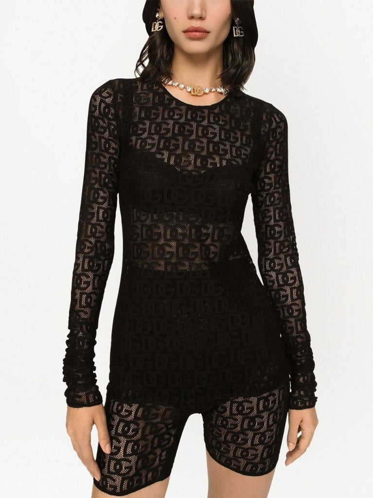 Black Logo Pattern Sheer Long-sleeved Blouse