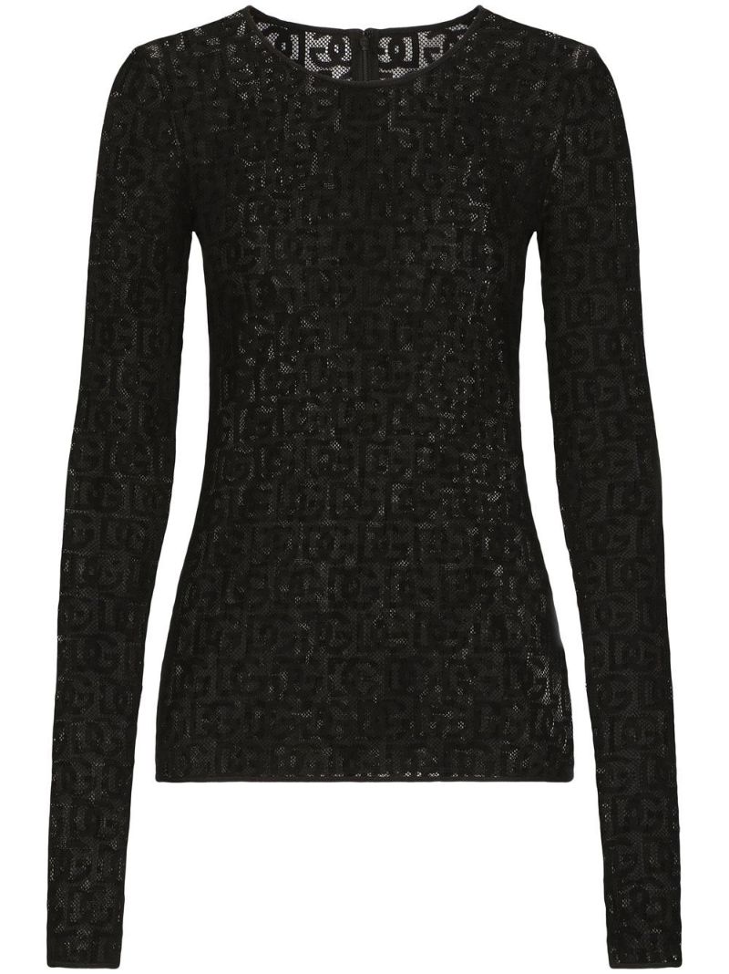 Black Logo Pattern Sheer Long-sleeved Blouse