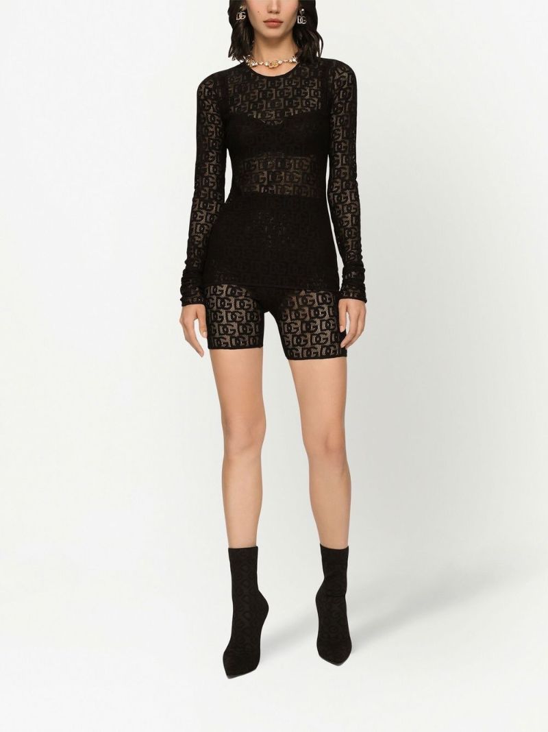 Black Logo Pattern Sheer Long-sleeved Blouse