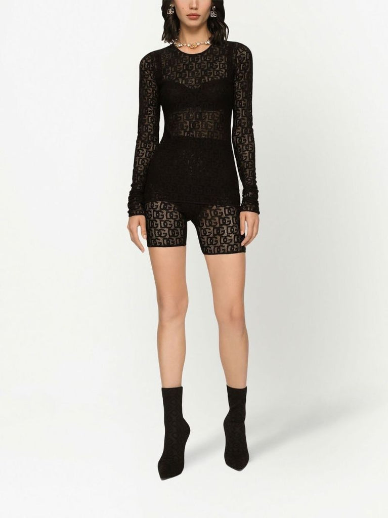 Black Logo Pattern Sheer Long-sleeved Blouse