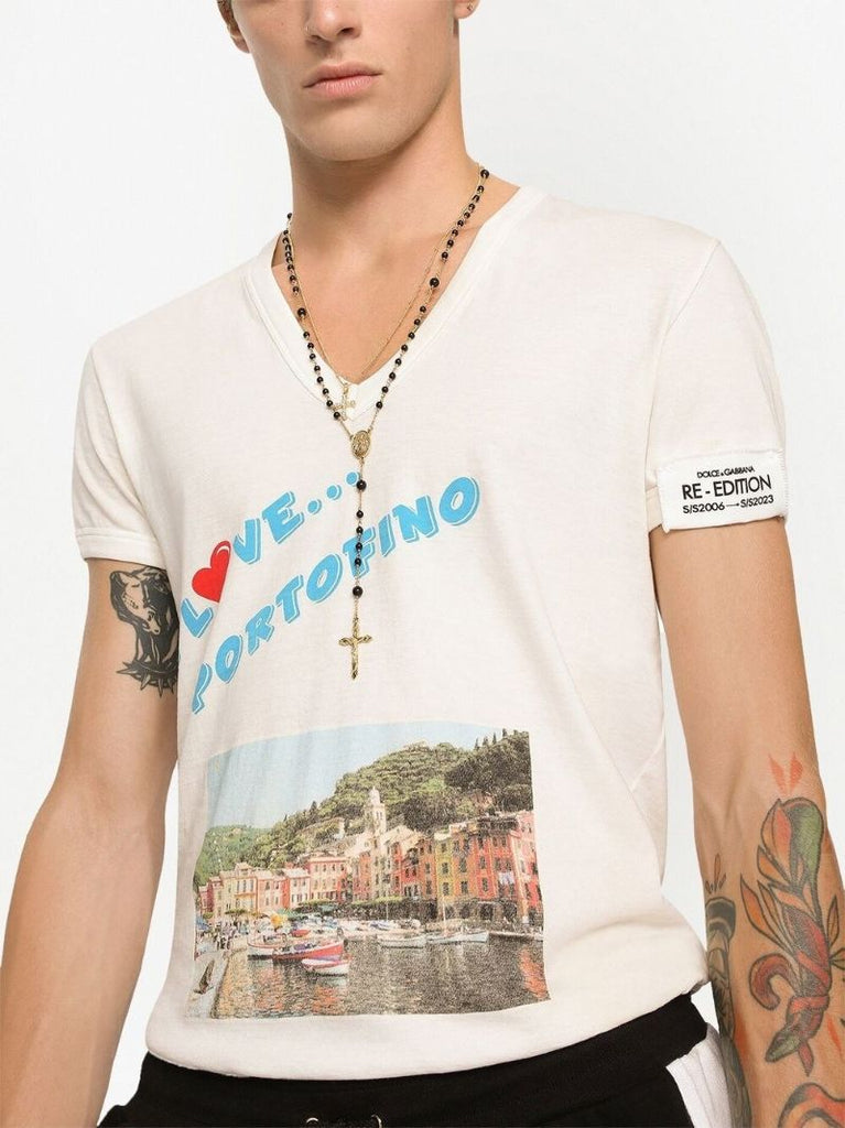 White Graphic Print V-neck T-shirt
