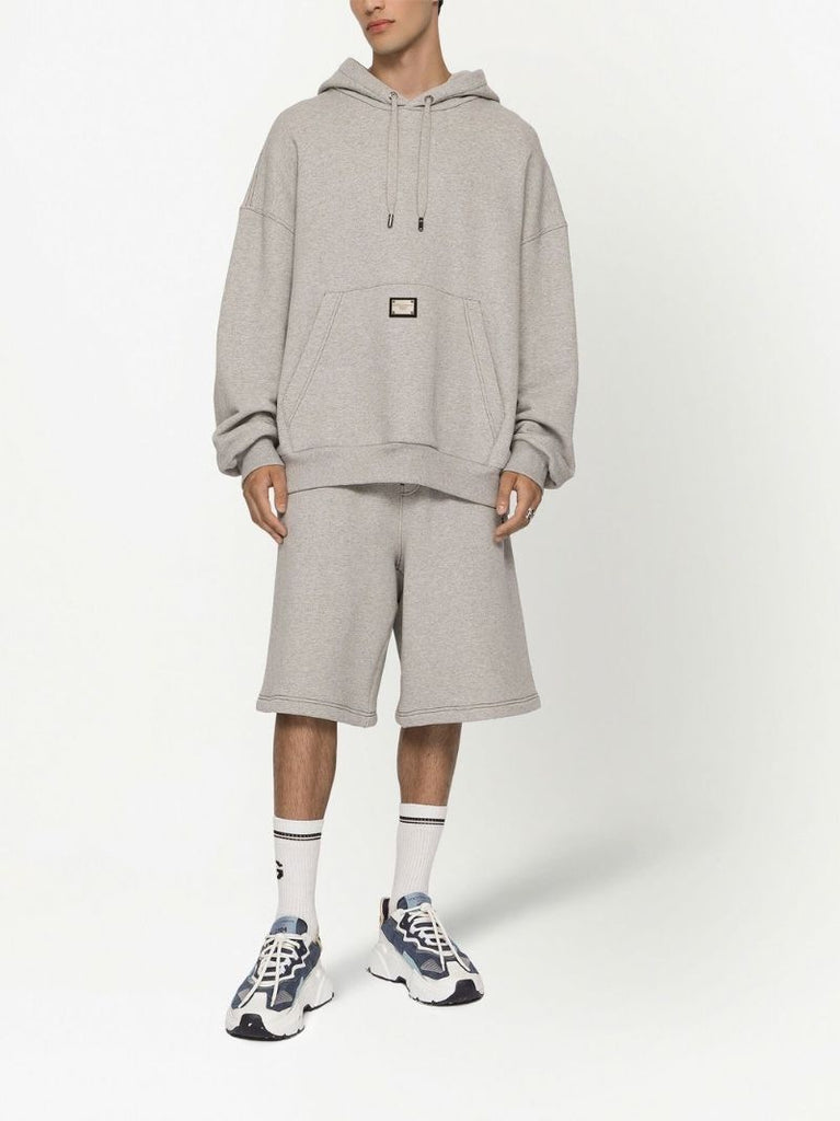 Grey Logo Plaque Drawstring Hoodie