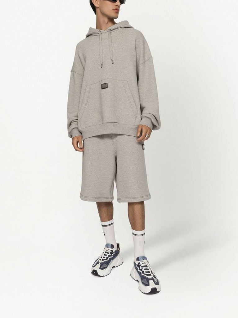 Grey Logo Plaque Drawstring Hoodie