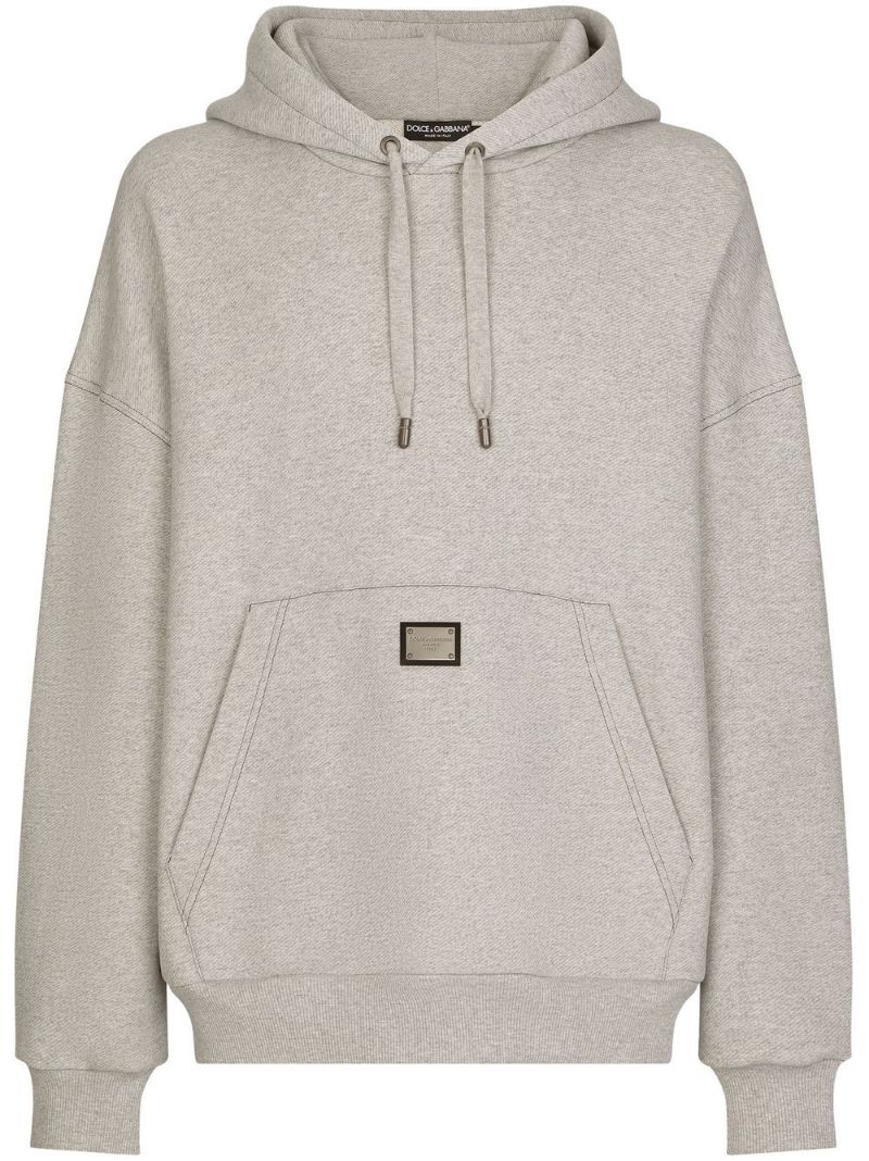 Grey Logo Plaque Drawstring Hoodie