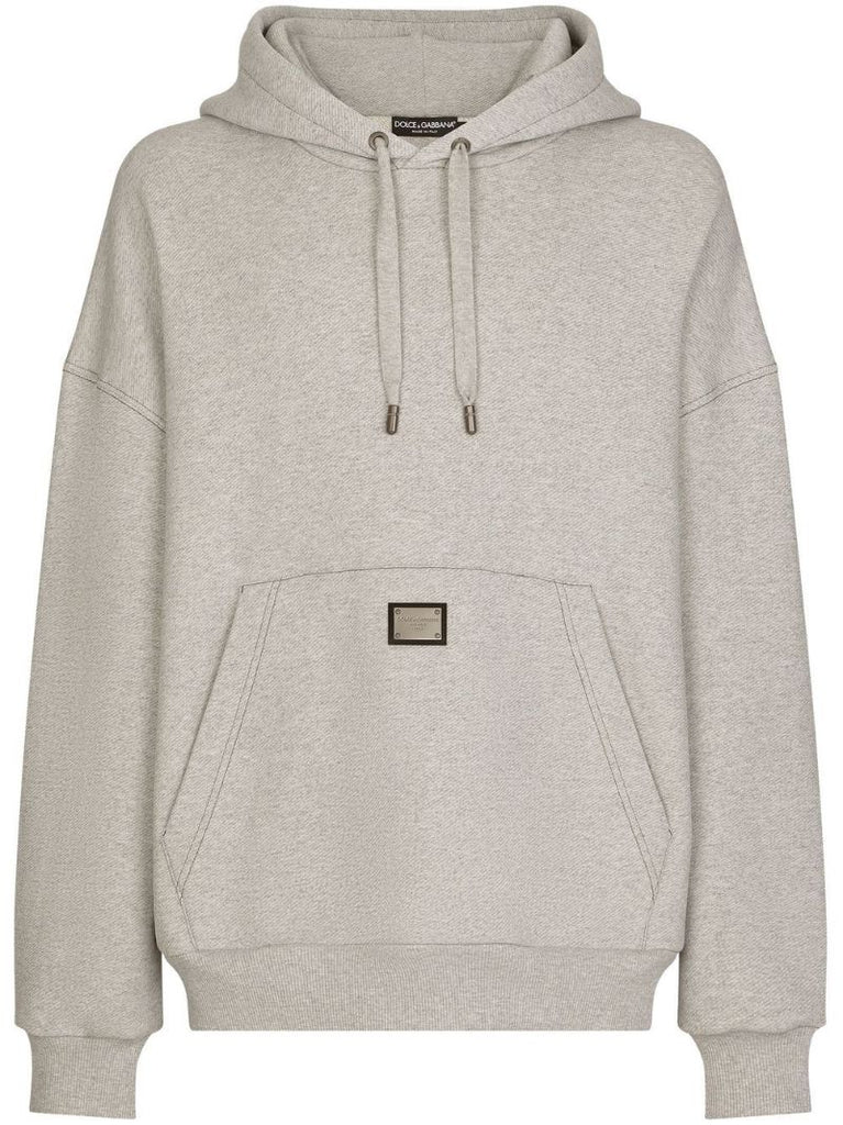 Grey Logo Plaque Drawstring Hoodie