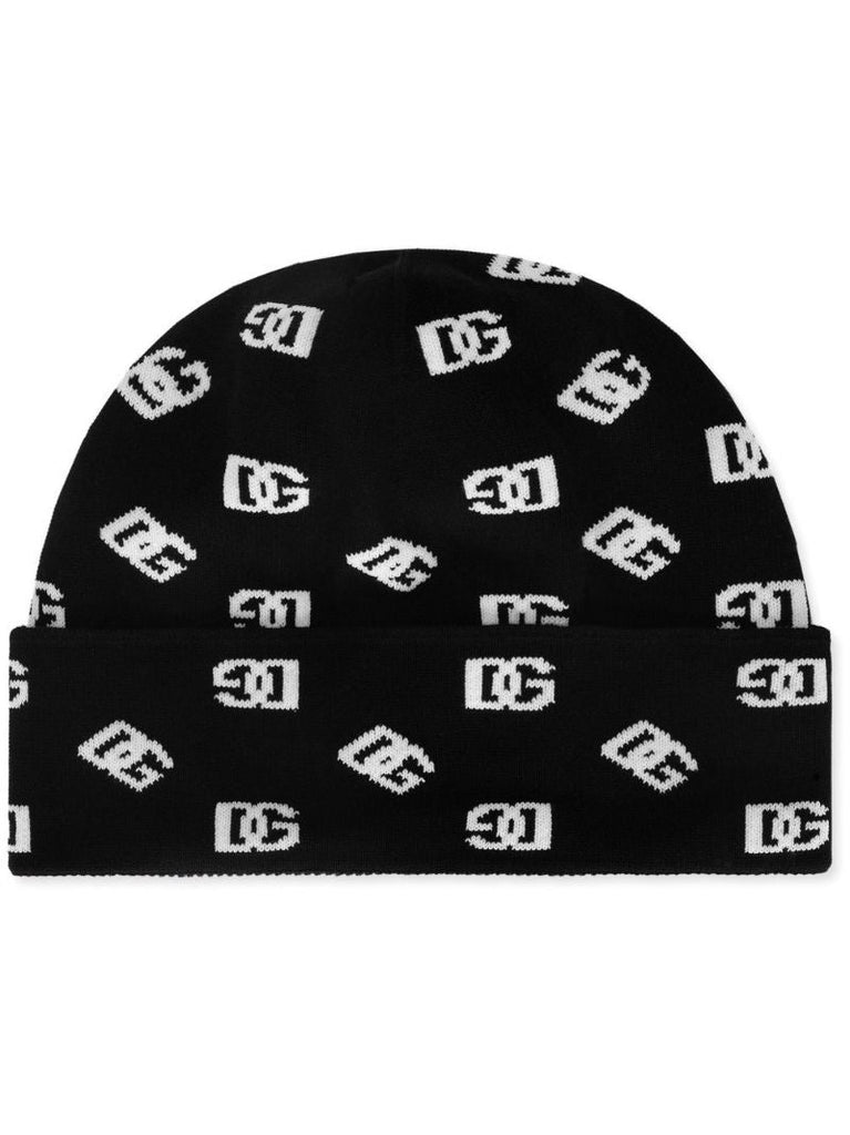 Black Logo Print Beanie Hat