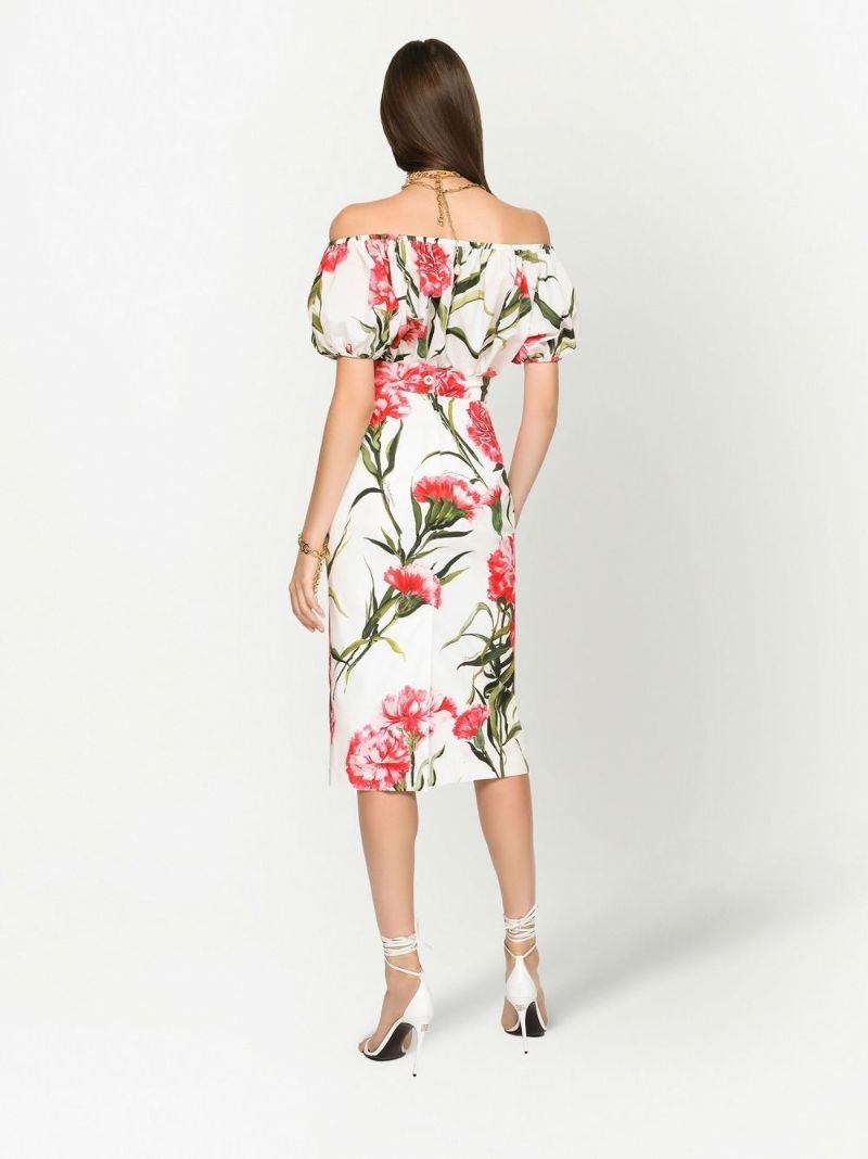 White Floral Print Midi Pencil Skirt