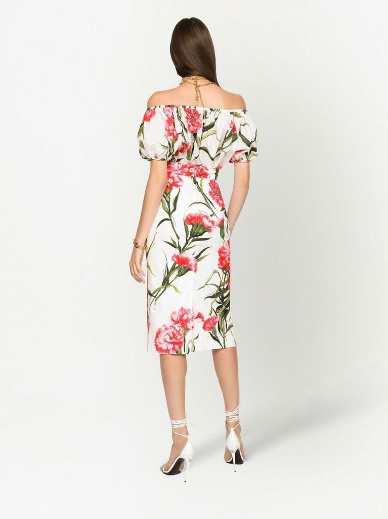 White Floral Print Midi Pencil Skirt