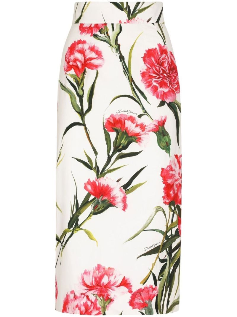 White Floral Print Midi Pencil Skirt