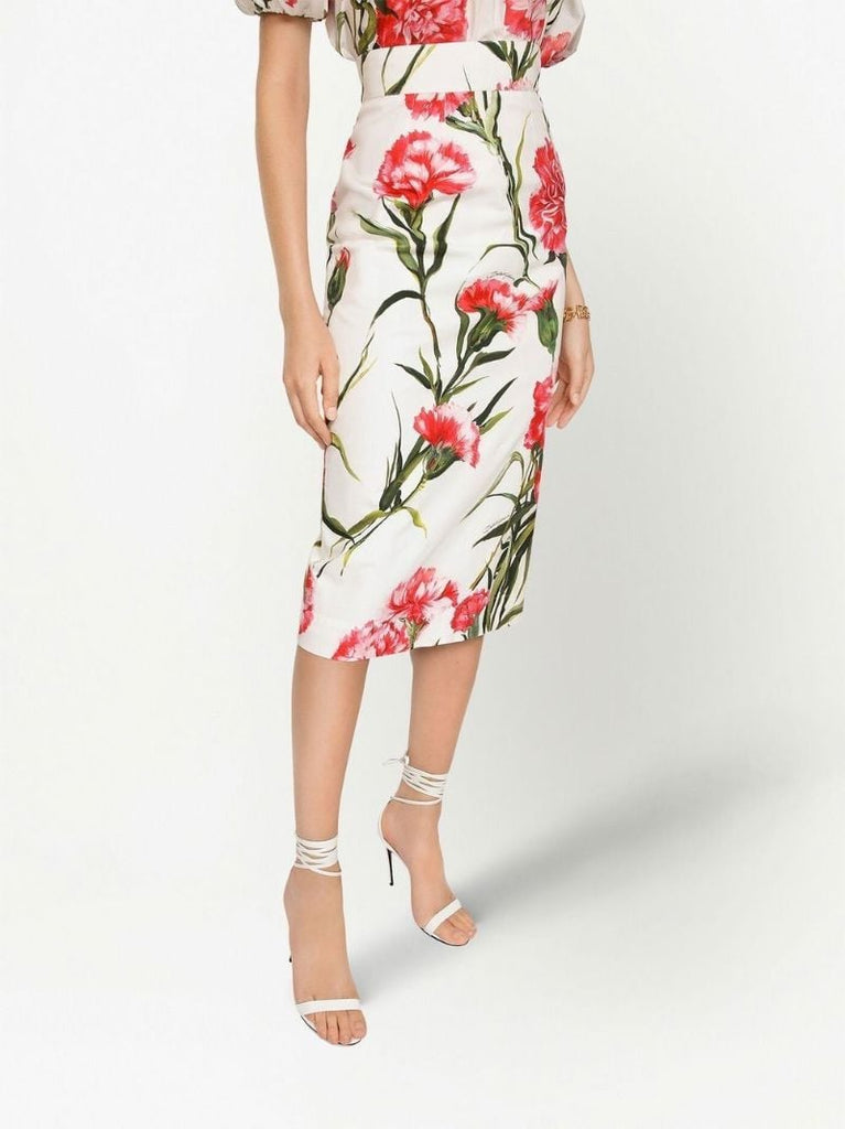White Floral Print Midi Pencil Skirt