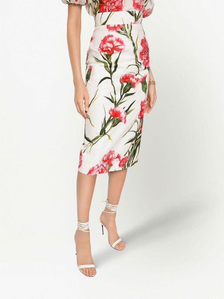 White Floral Print Midi Pencil Skirt