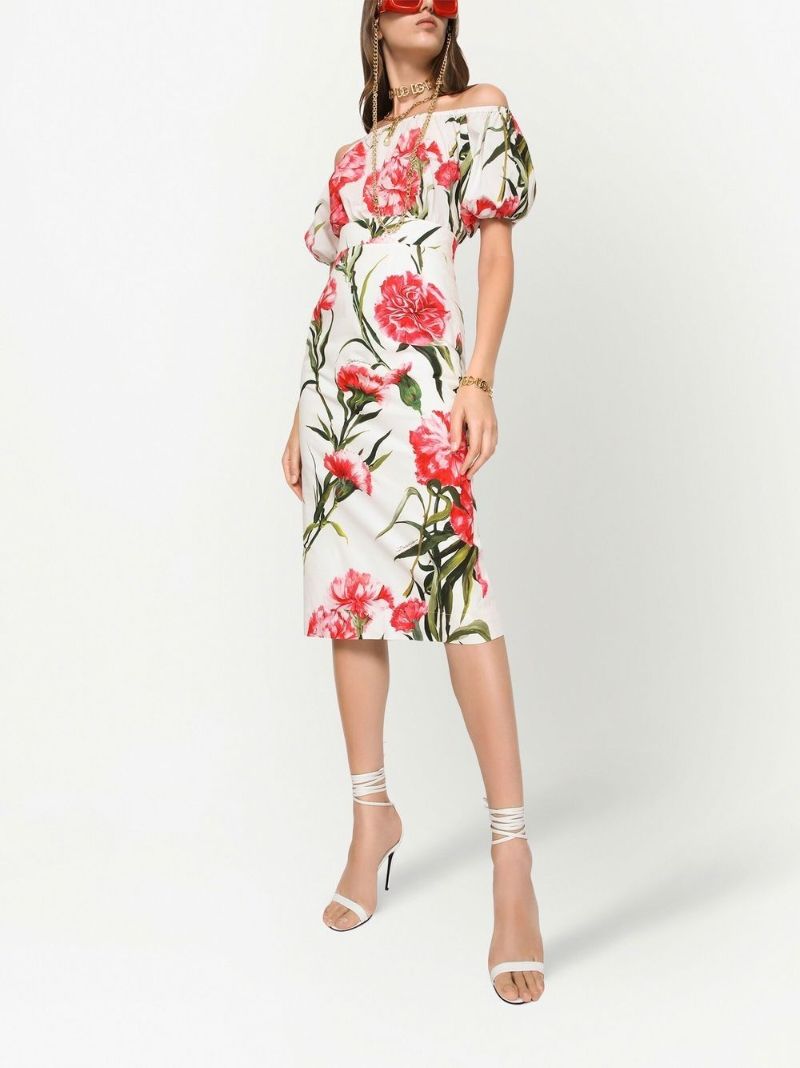 White Floral Print Midi Pencil Skirt