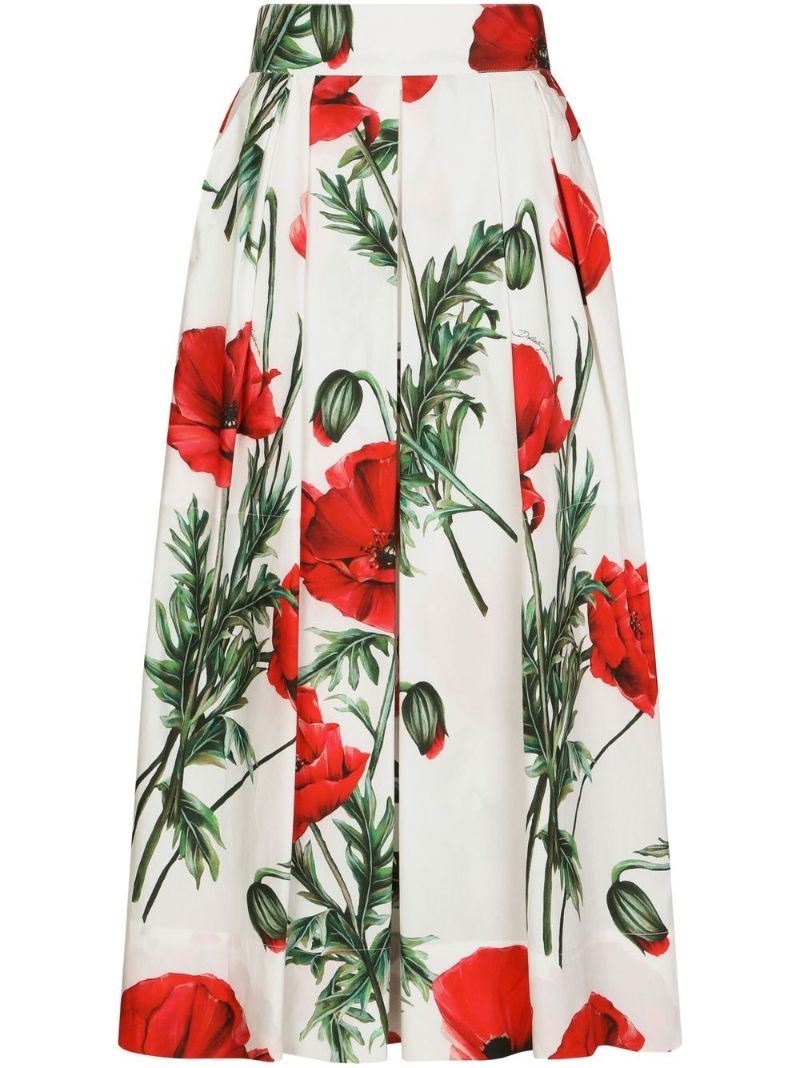 White Poppy Print Midi Skirt