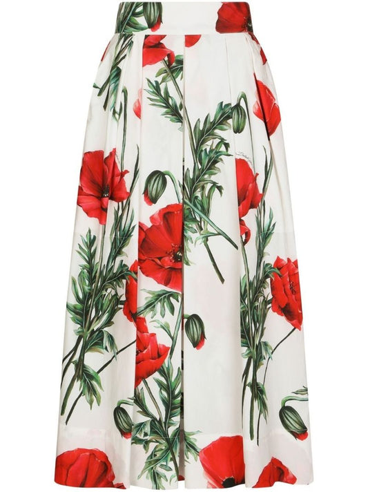 White Poppy Print Midi Skirt