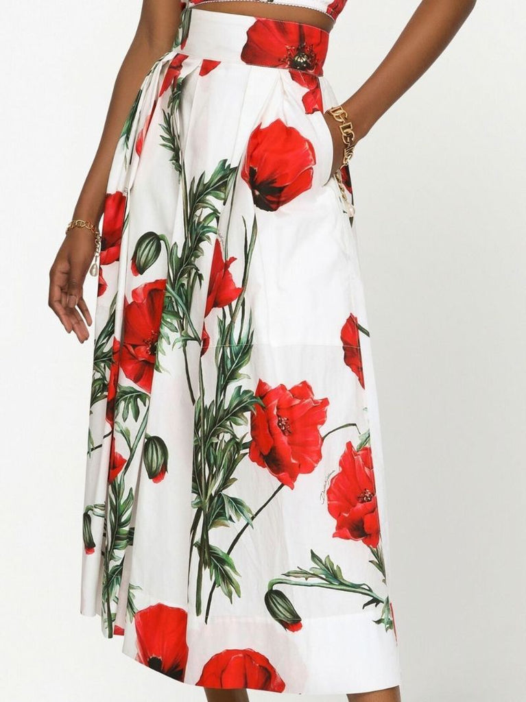White Poppy Print Midi Skirt
