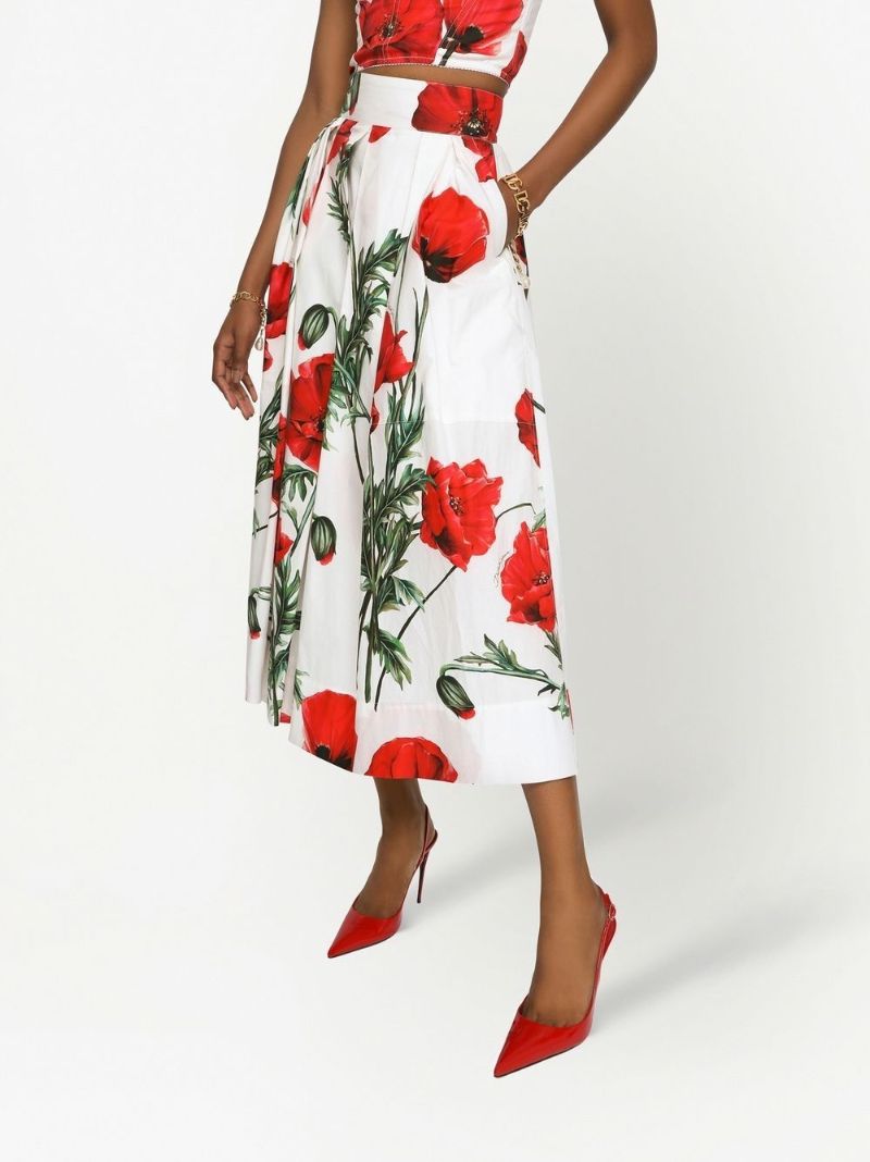 White Poppy Print Midi Skirt