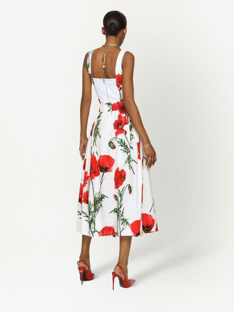 White Poppy Print Midi Skirt