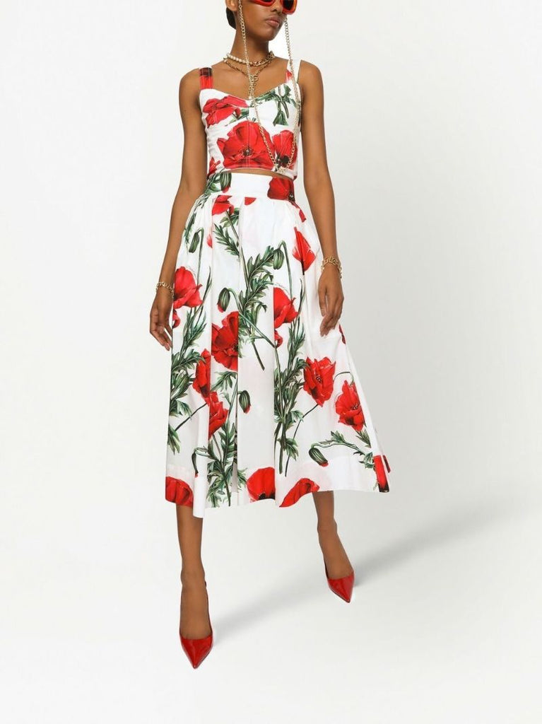 White Poppy Print Midi Skirt