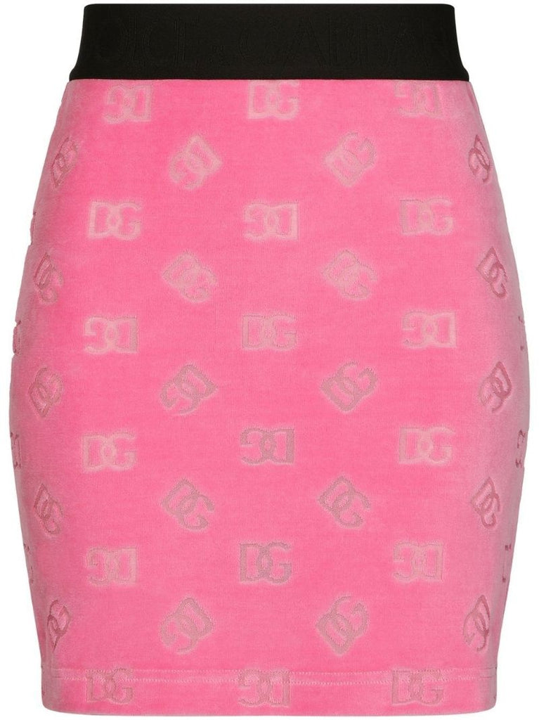 Pink Logo Print Velvet Mini Skirt