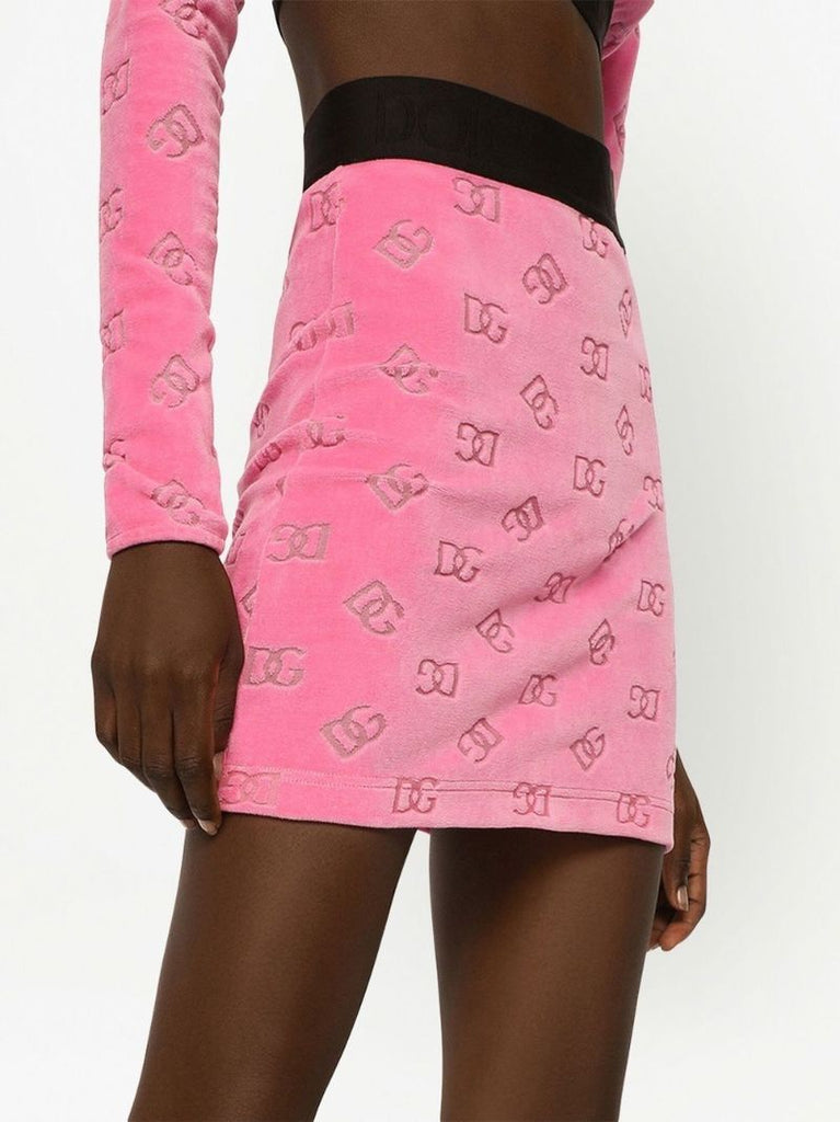 Pink Logo Print Velvet Mini Skirt