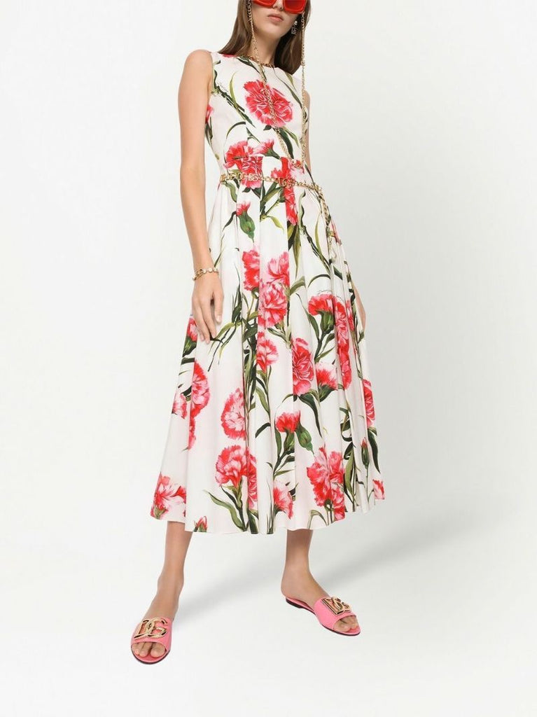White Carnation Print Sleeveless Dress