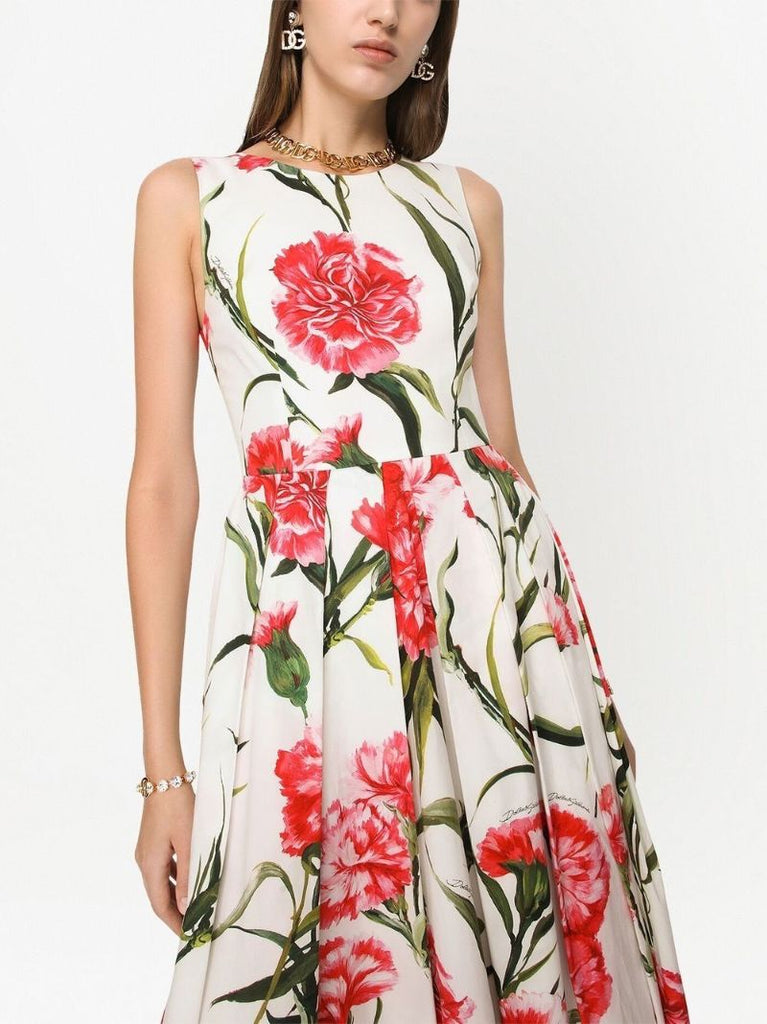White Carnation Print Sleeveless Dress