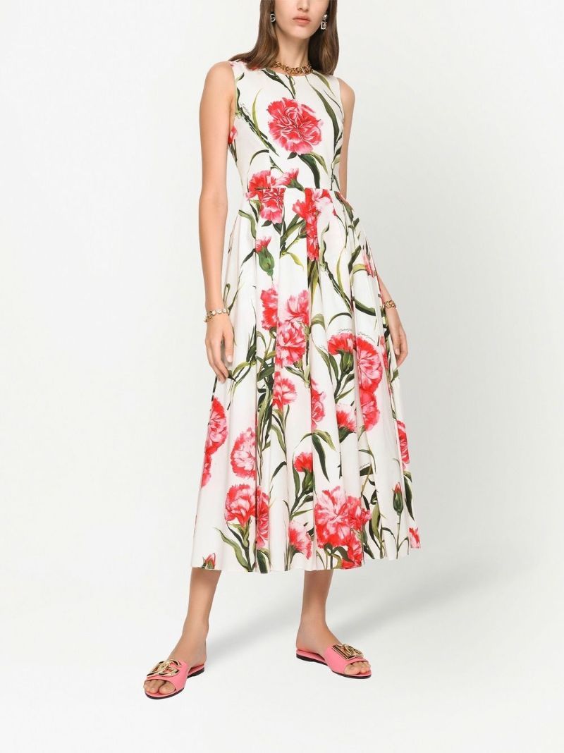 White Carnation Print Sleeveless Dress