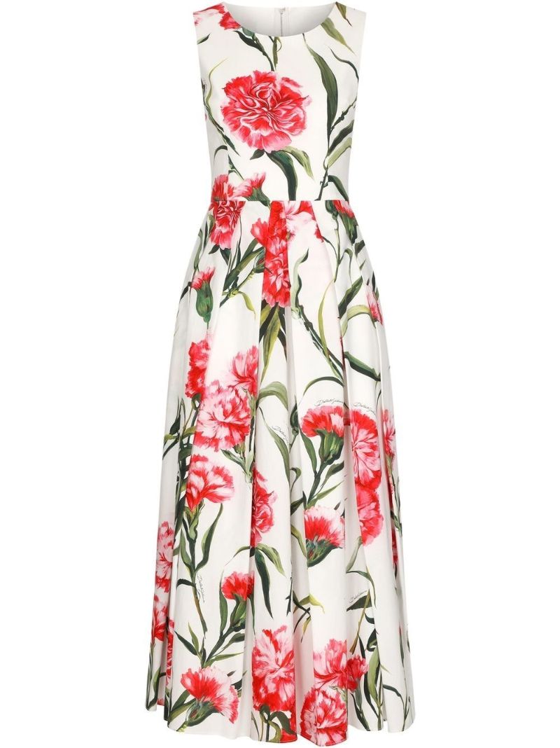 White Carnation Print Sleeveless Dress