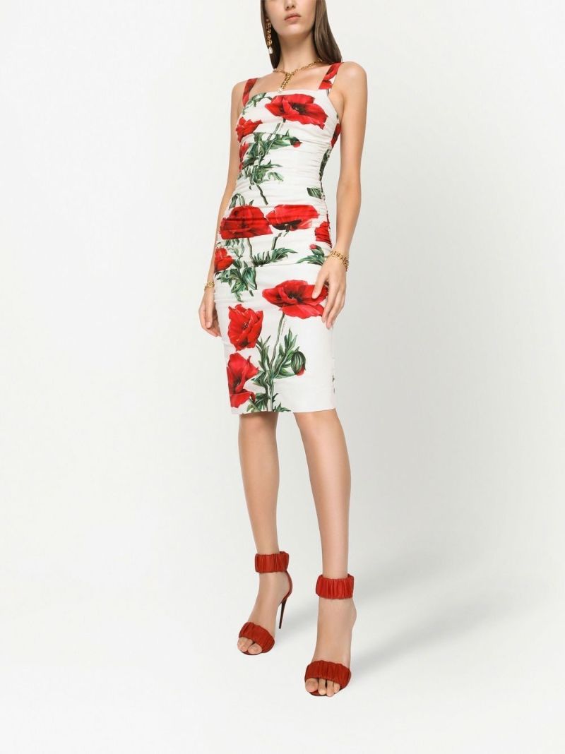 White Floral Print Midi Dress