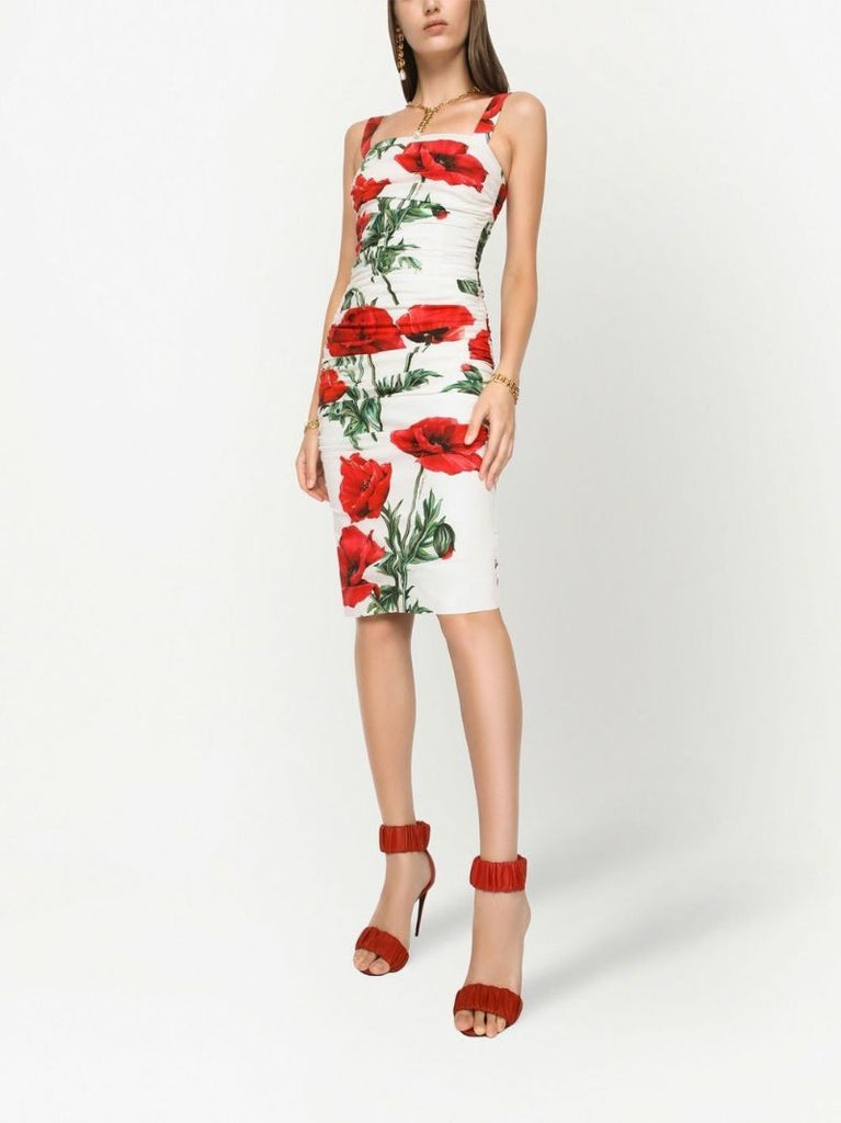 White Floral Print Midi Dress