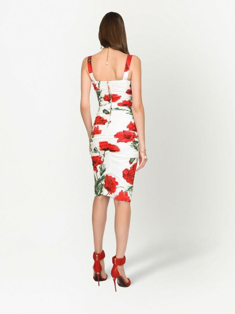 White Floral Print Midi Dress