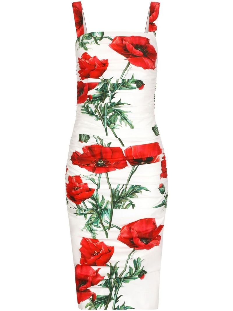 White Floral Print Midi Dress
