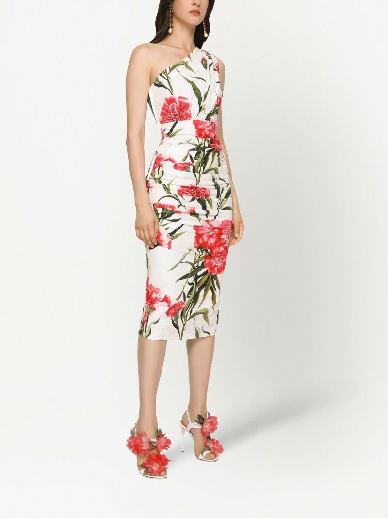 White Floral Print One-shoulder Midi Dress