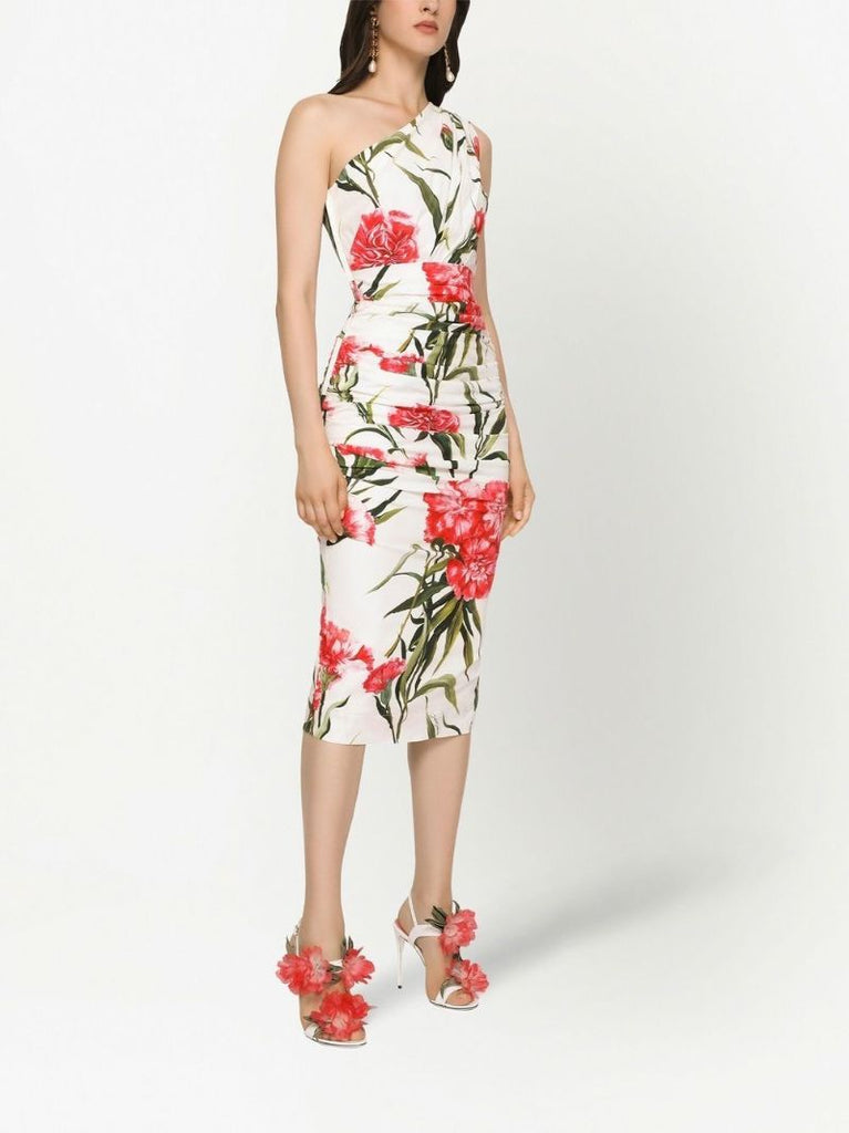 White Floral Print One-shoulder Midi Dress