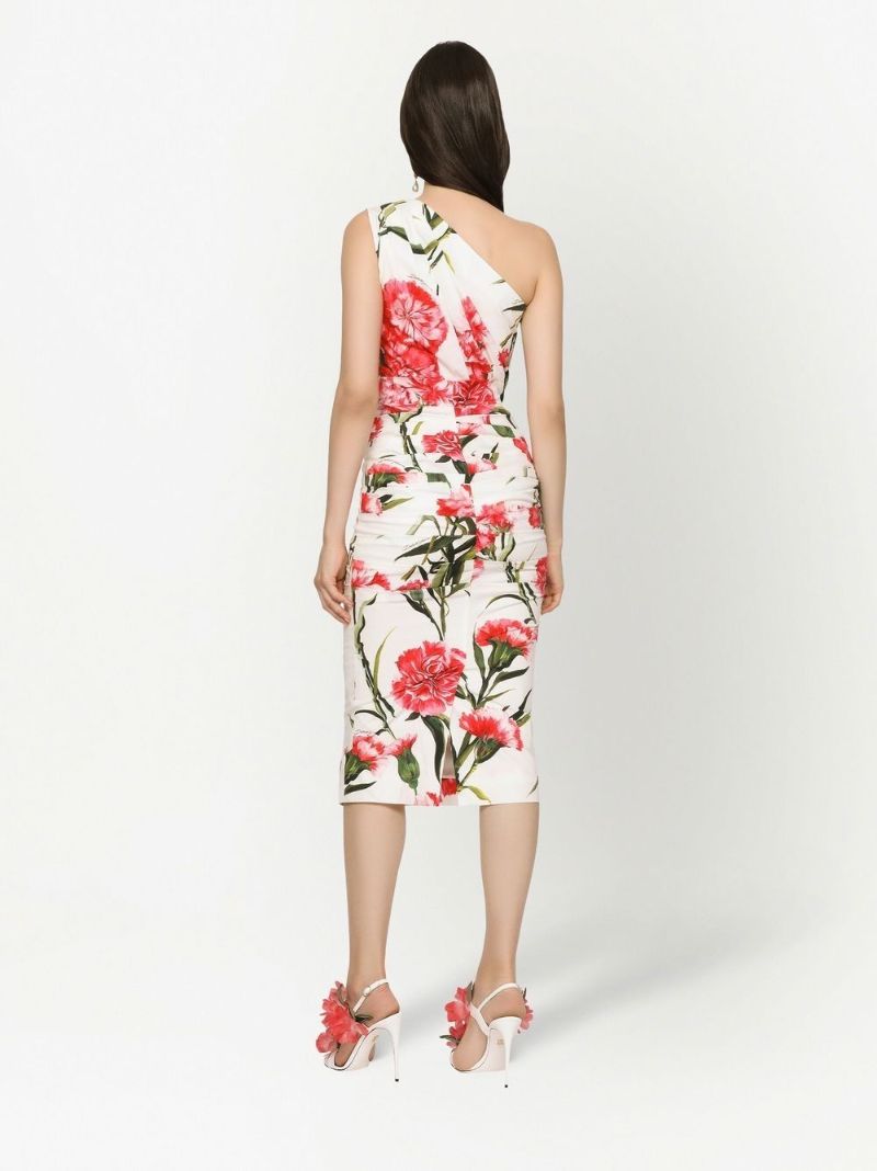 White Floral Print One-shoulder Midi Dress