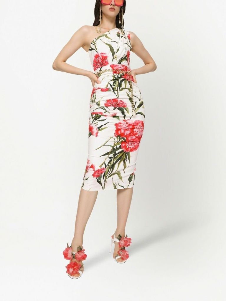 White Floral Print One-shoulder Midi Dress