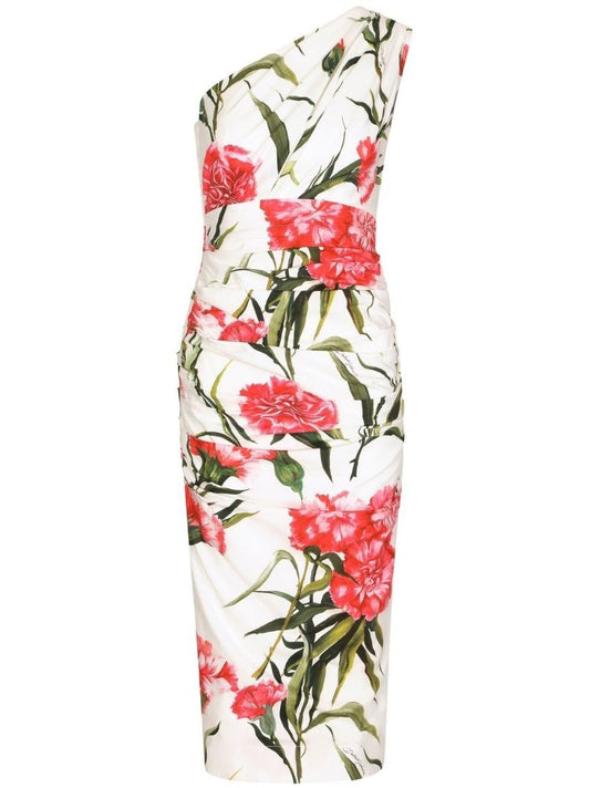 White Floral Print One-shoulder Midi Dress