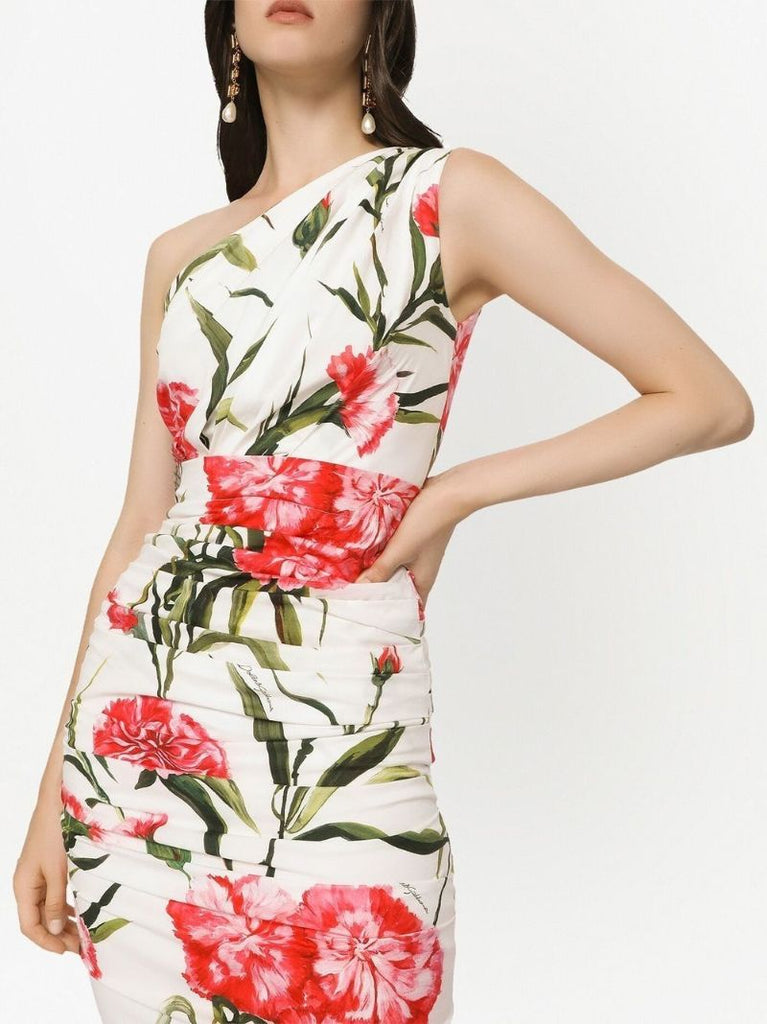 White Floral Print One-shoulder Midi Dress
