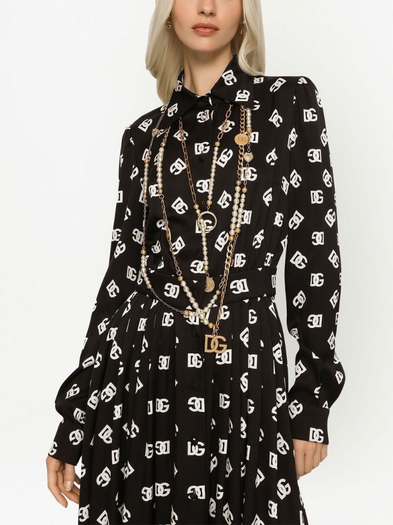 Black Logo Print Silk Midi Dres