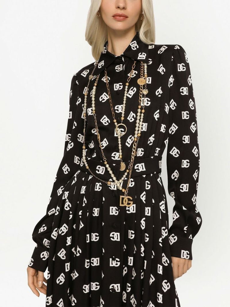 Black Logo Print Silk Midi Dres