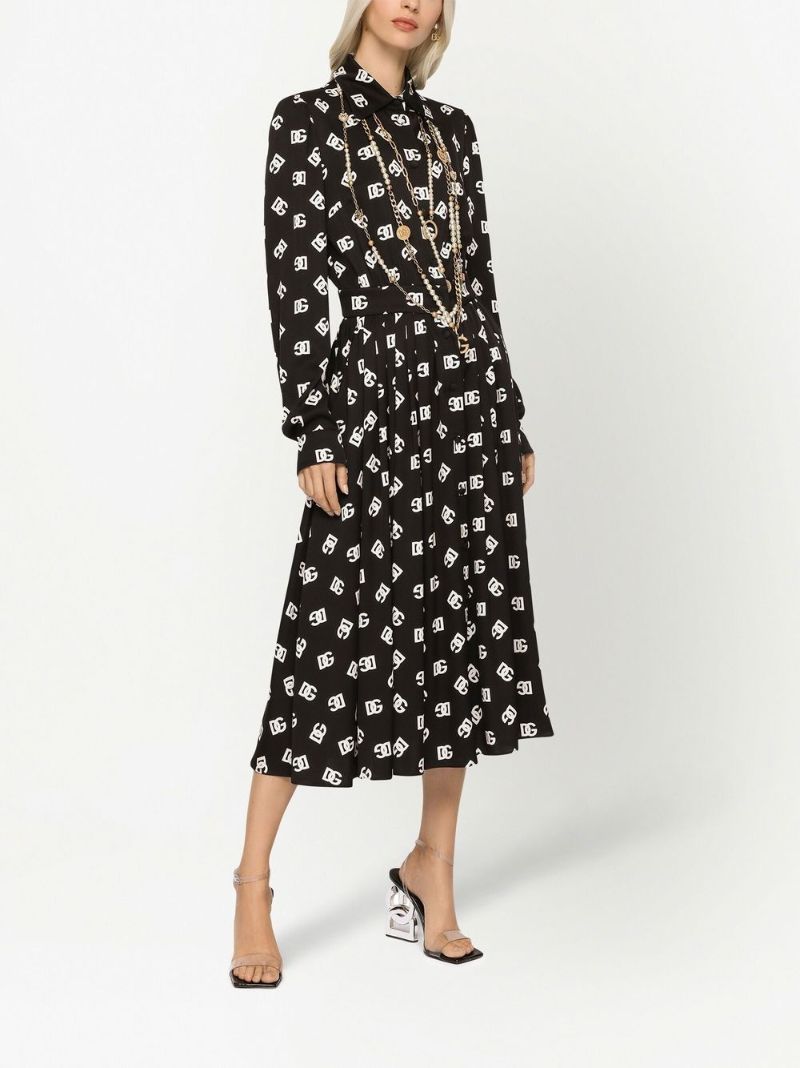 Black Logo Print Silk Midi Dres